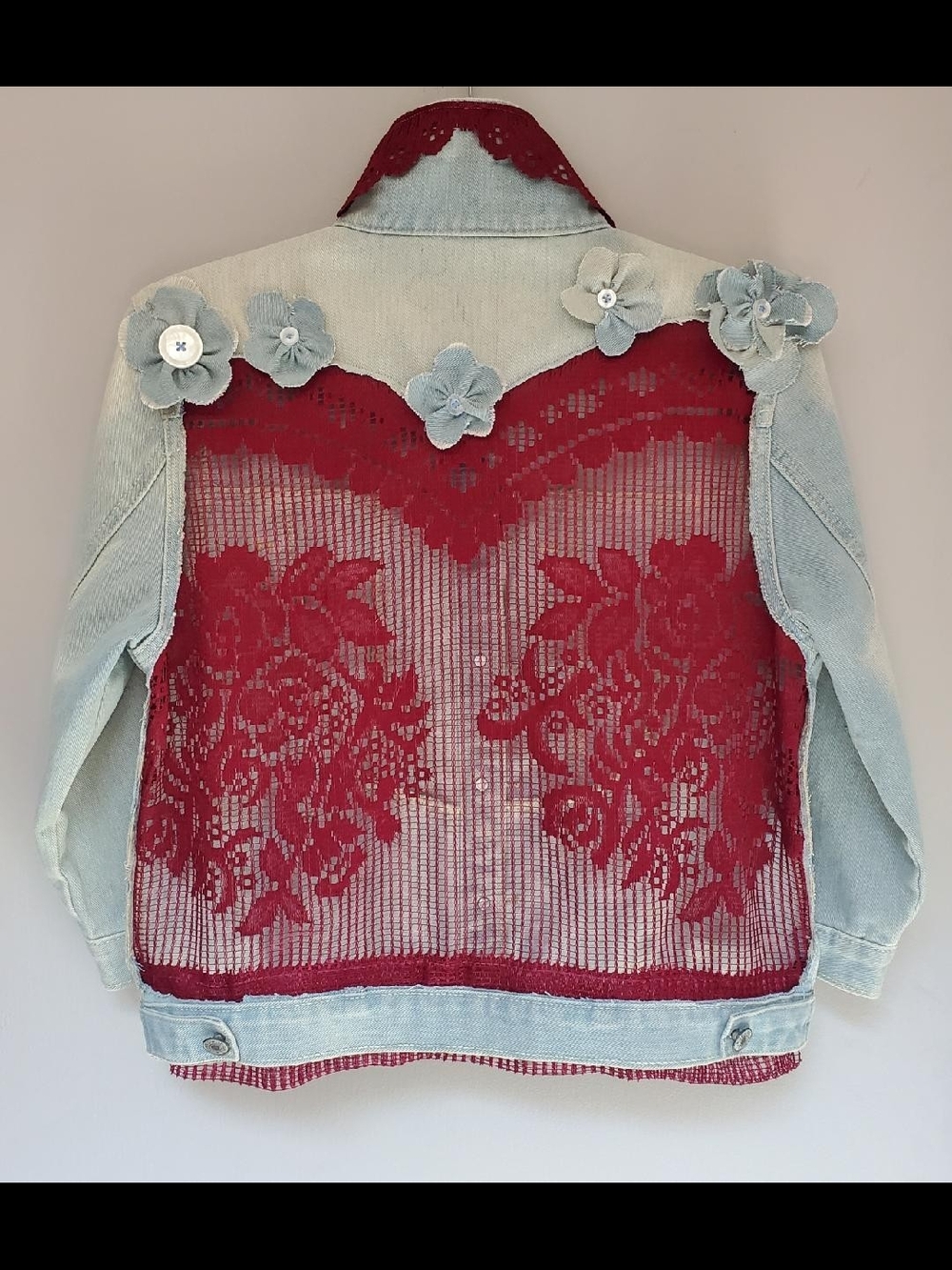 Upcycled Light Wash Denim Jacket with Red Lace Back